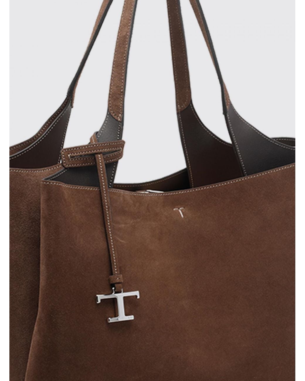 Tod's Brown Suede Leather Shoulder Bag With Double Handle And T Timeless Logo