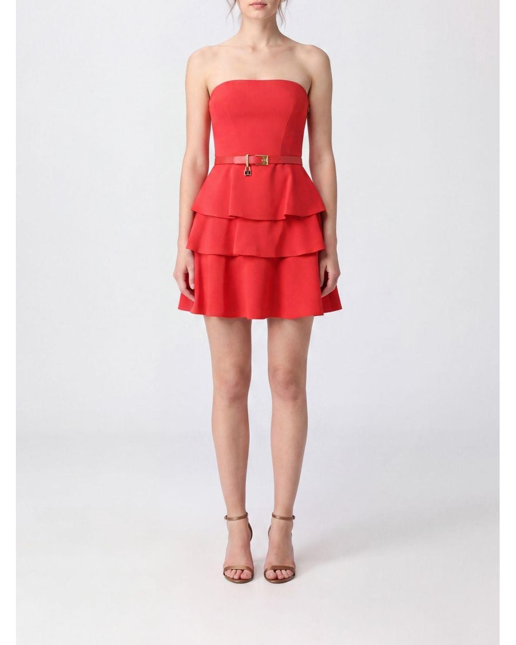 Elisabetta Franchi Red Off-The-Shoulder Jersey Mini Sheath Dress With Ruffles