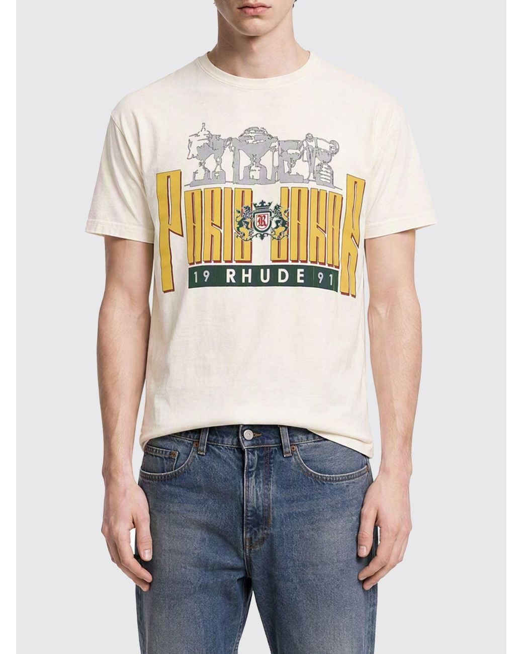 Rhude White Cotton T-Shirt With Front Graphic Print And Logo for men
