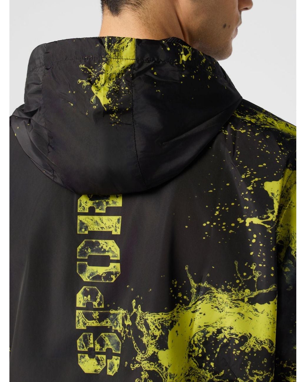 Philipp Plein Black Hooded Windbreaker Jacket With Abstract Print And Logo for men