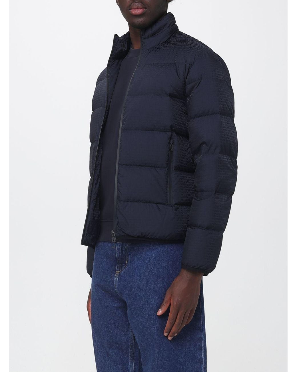 Emporio Armani Blue Quilted Nylon Down Jacket With High Neck And Eagle Logo for men