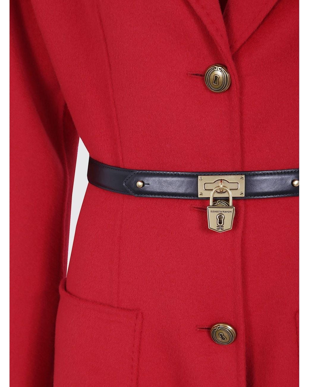 Elisabetta Franchi Red Single-Breasted Long Pure Wool Coat With Waist Belt