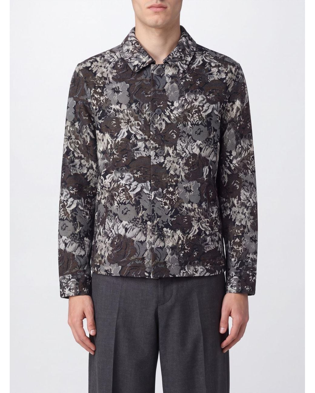 Les Deux Gray Floral Print Cotton Blend Shirt Jacket With A Classic Collar for men
