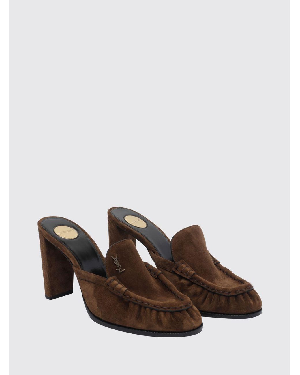 Saint Laurent Brown Le Loafer Suede Mules With High Block Heel And Ysl Logo