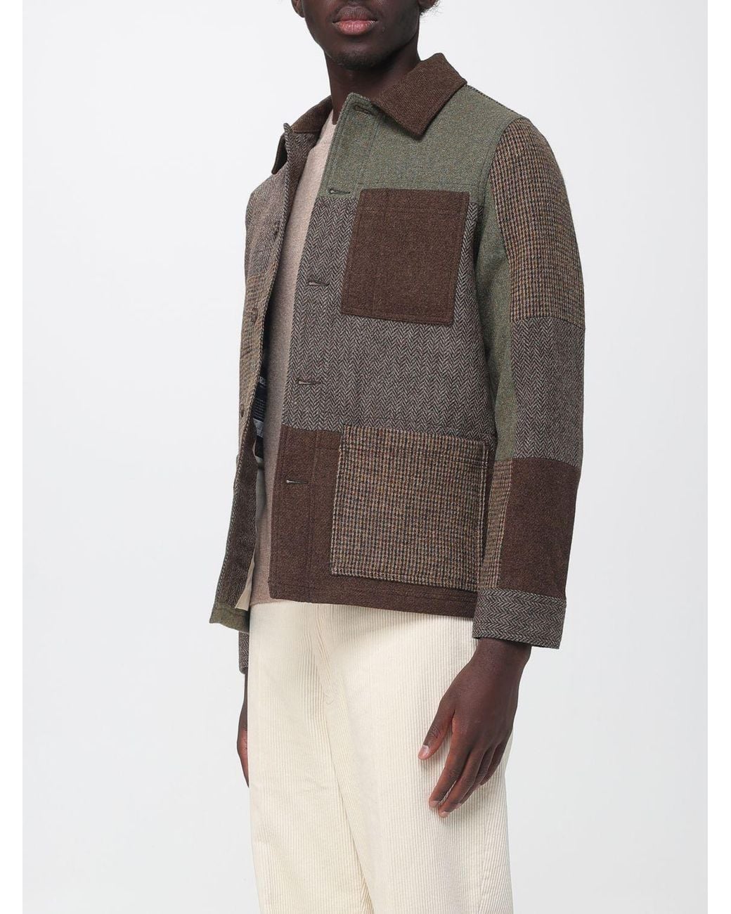 Sebago Brown Patchwork Wool Shirt Jacket With Velvet Collar for men