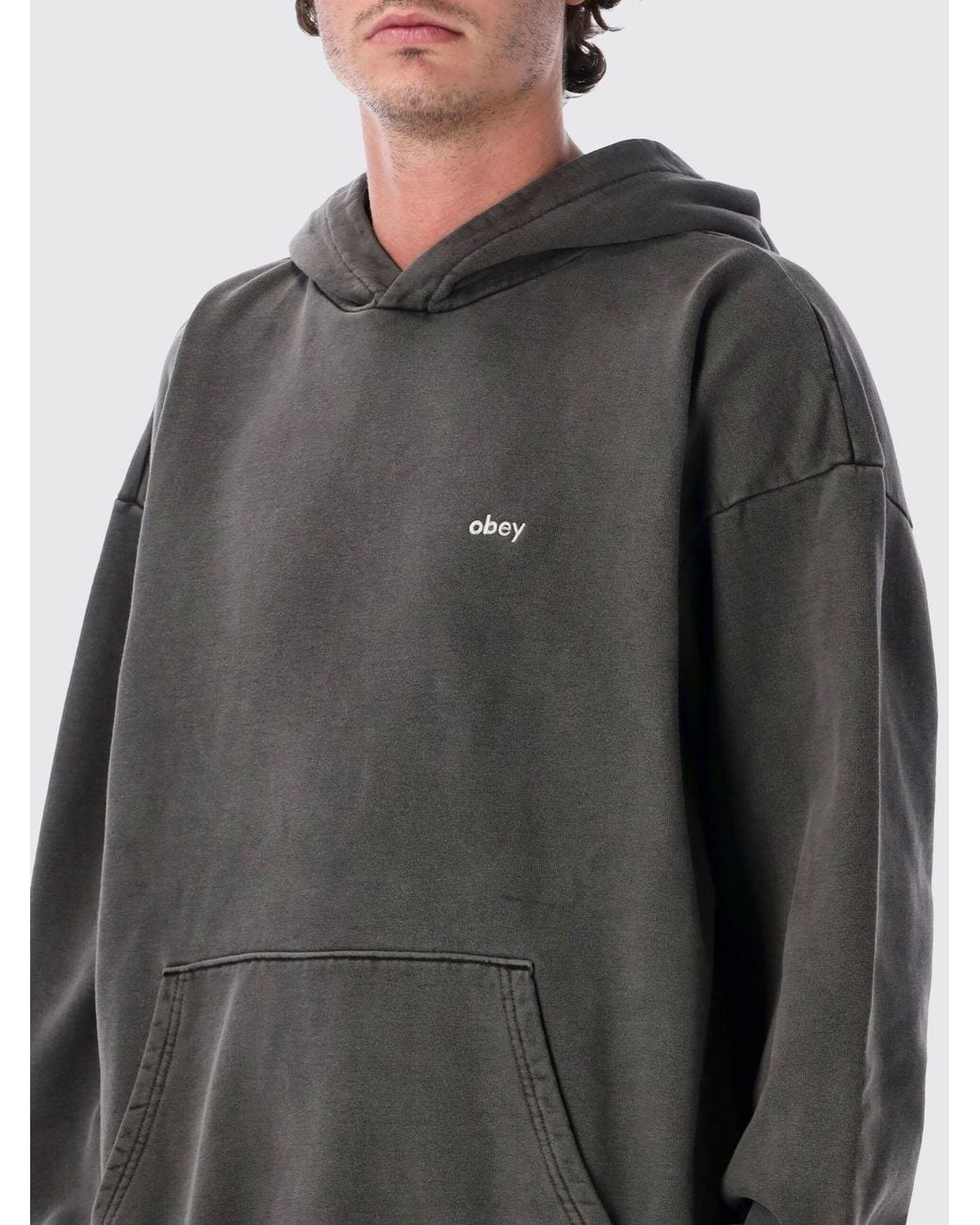 Obey Gray Relaxed Fit Cotton Hoodie Sweatshirt With Pouch Pocket And Logo for men