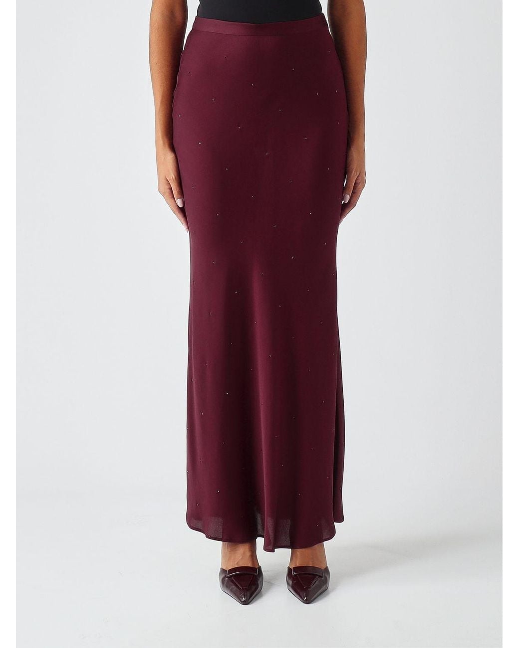 Twinset Red Satin Pencil Midi Skirt With Rhinestones
