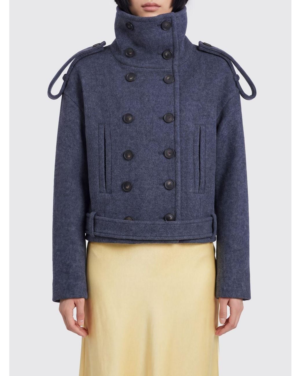 7 For All Mankind Blue Double-Breasted Short Wool Coat With Dropped Shoulders