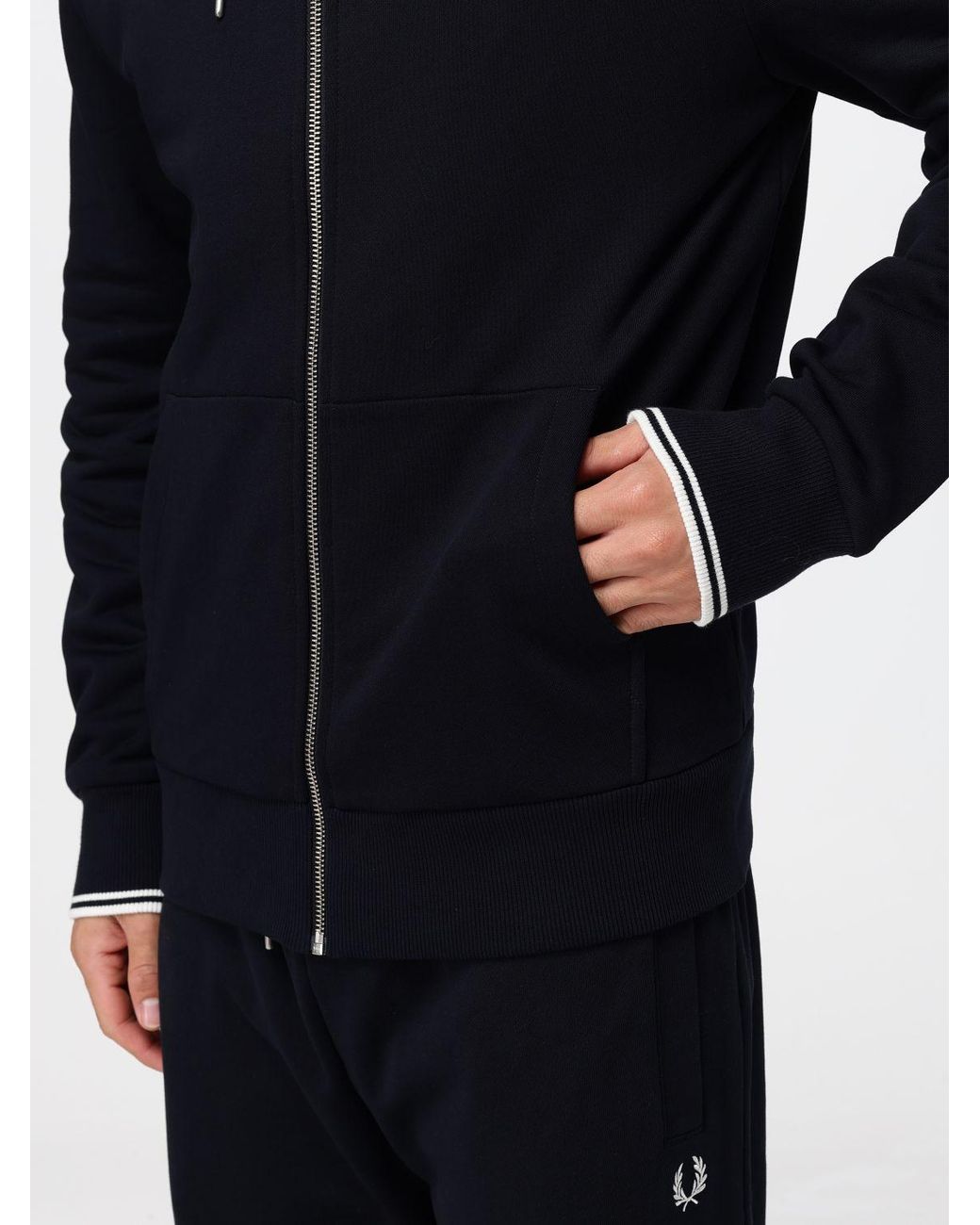 Fred Perry Blue Cotton Zip-Up Hoodie With Kangaroo Pockets And Embroidered Logo for men