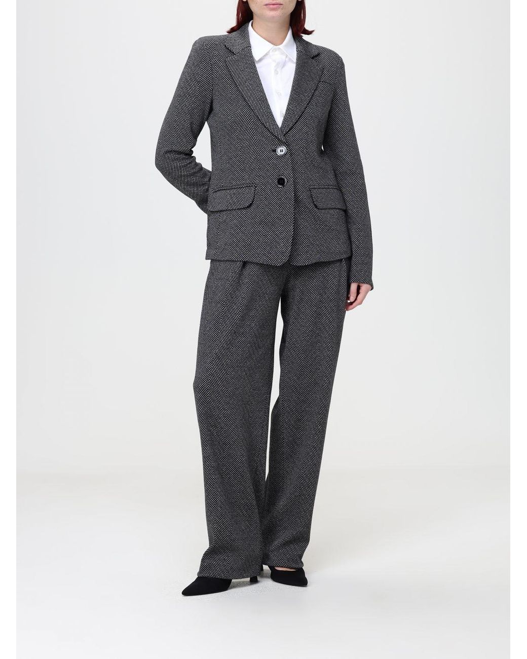Emporio Armani Gray Single-Breasted Short Chevron Cotton-Blend Blazer