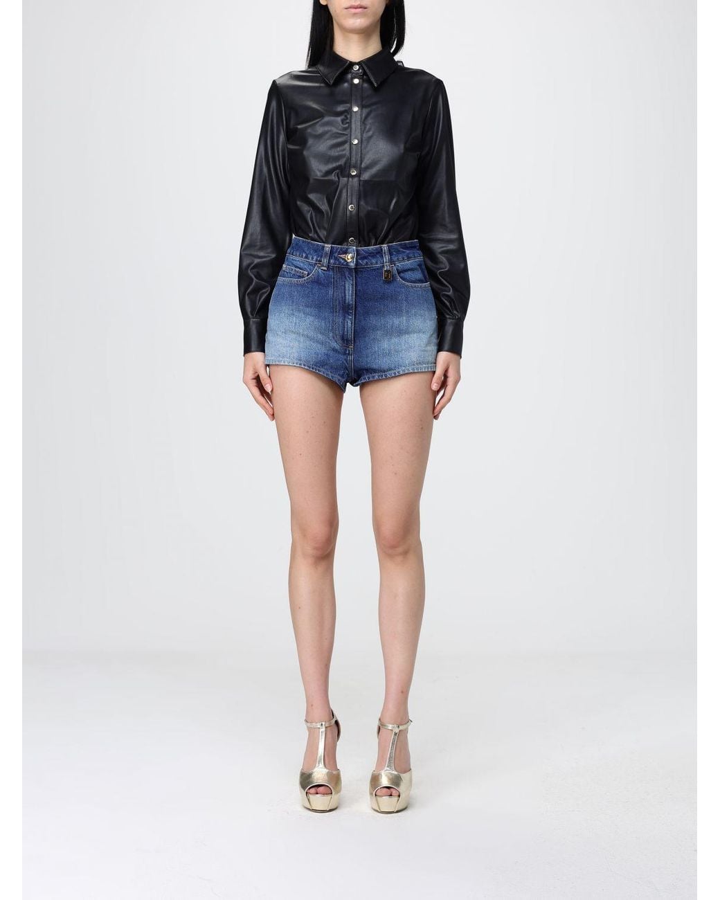 Elisabetta Franchi Blue Denim Jumpsuit With Nappa Effect Fabric