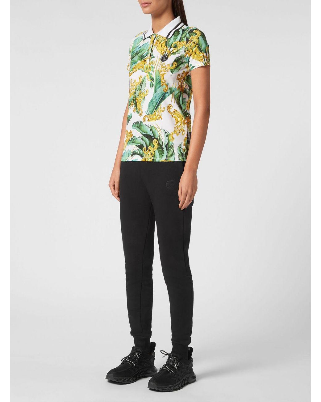 Philipp Plein Green Sleeveless Cotton Polo Shirt With Tropical Print And Striped Collar