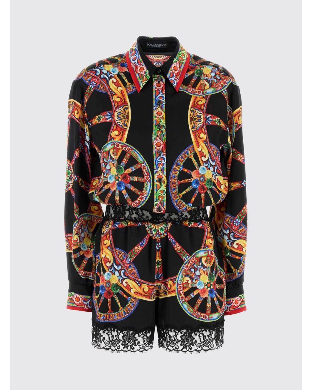 Dolce & Gabbana Black Dolce &Amp Gabbana Carretto Siciliano Print Silk Playsuit With Lace Trim