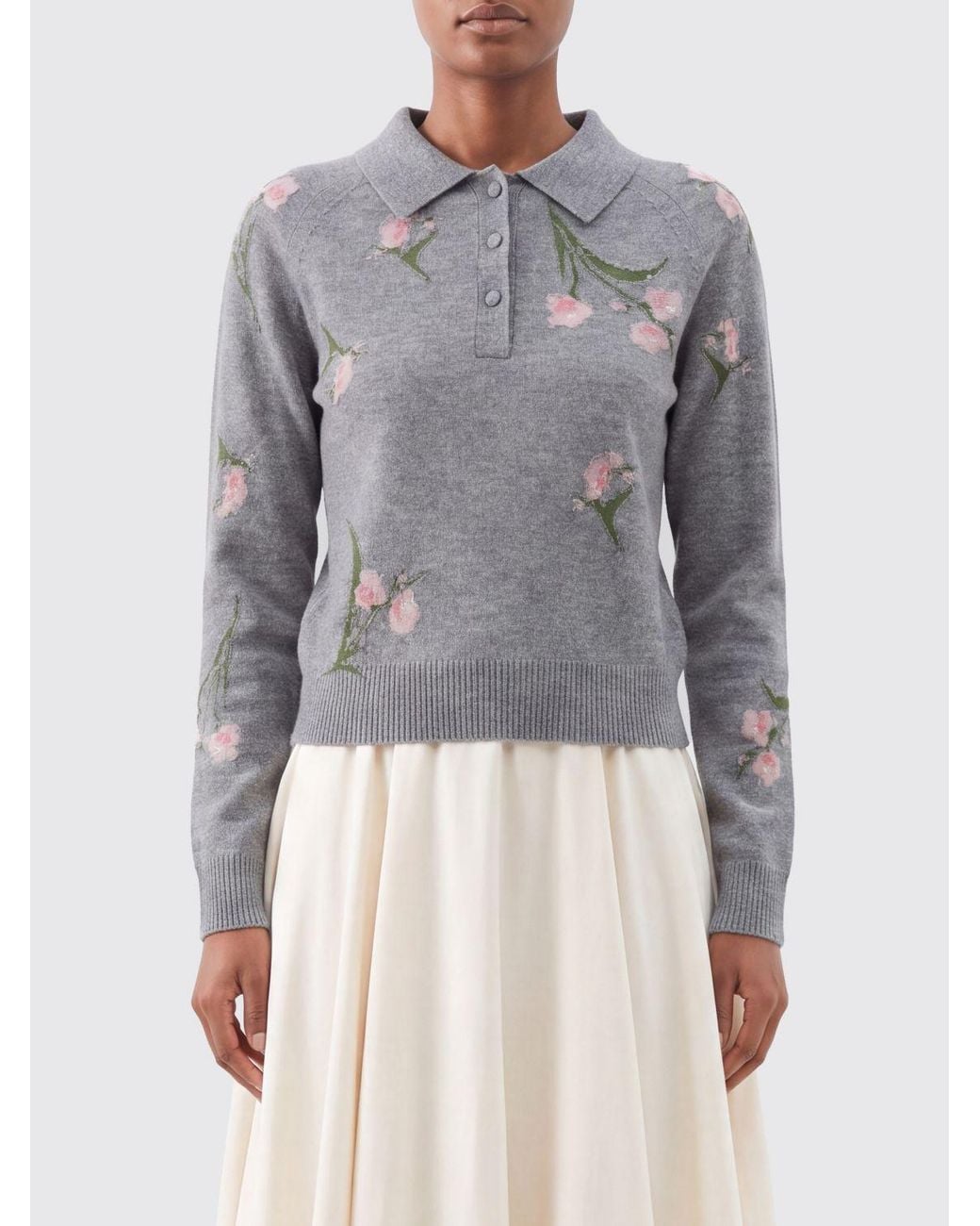 Erdem Gray Floral Long-Sleeved Wool Knit Polo
