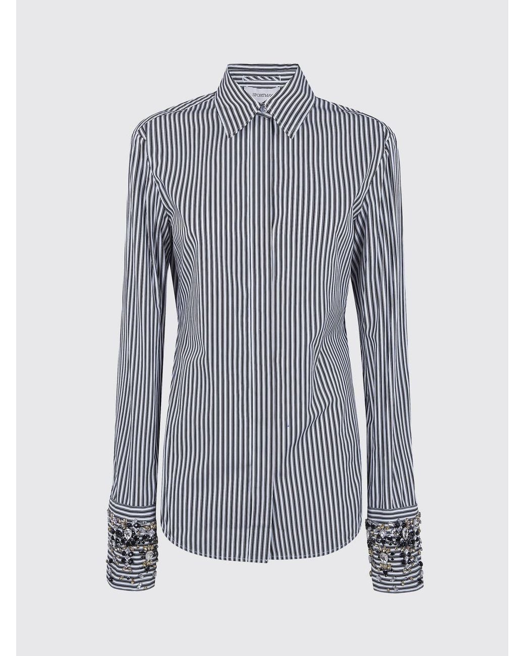 Sportmax Gray Striped Cotton Shirt With Embroidery
