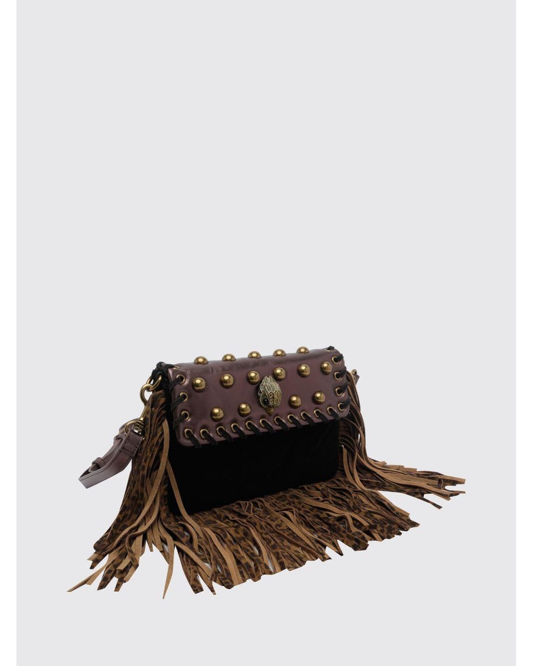 Kurt Geiger Black Oxford Animal Print Leather Mini Shoulder Bag With Studs And Fringes