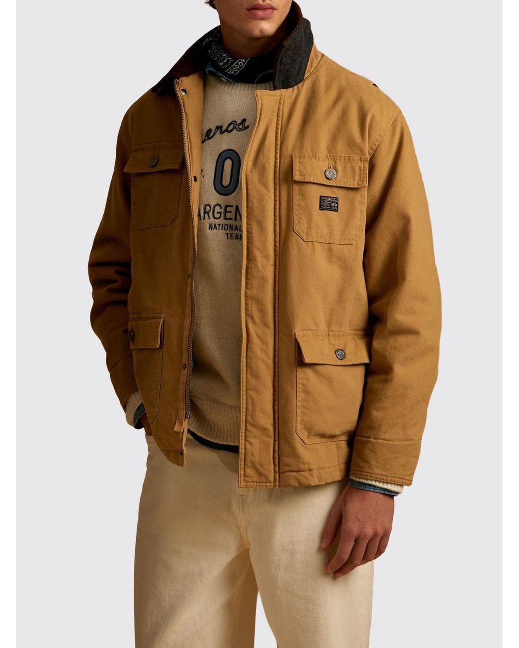 La Martina Brown Cotton Utility Jacket With Zip Closure And Flap Pockets for men