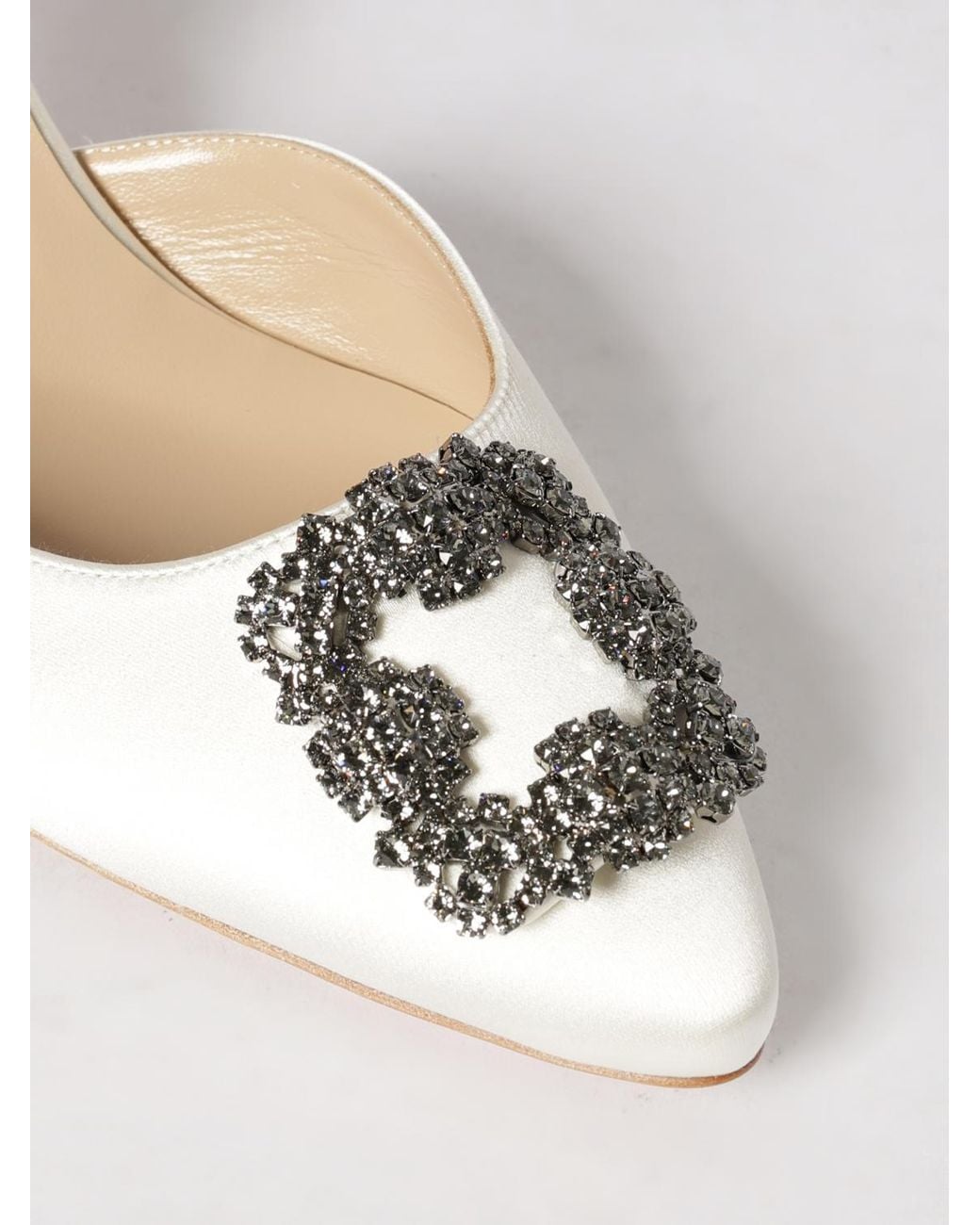 Manolo Blahnik Natural Hangisli Satin Slingback Pumps With Jewel Buckle
