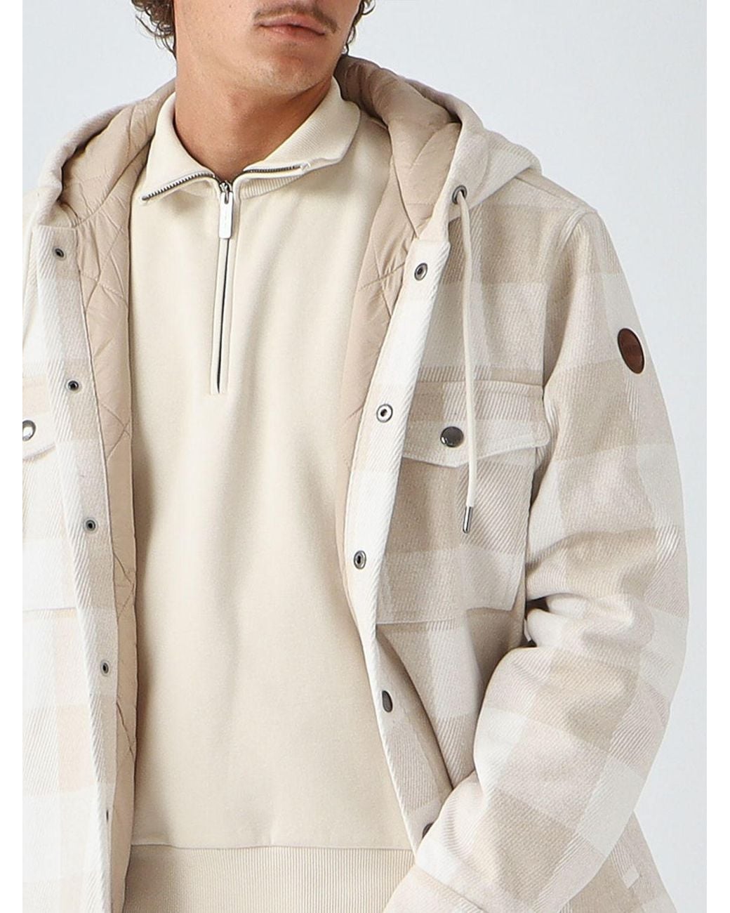 Colmar Natural Hooded Check Wool Blend Shirt Jacket With Patch Pockets for men