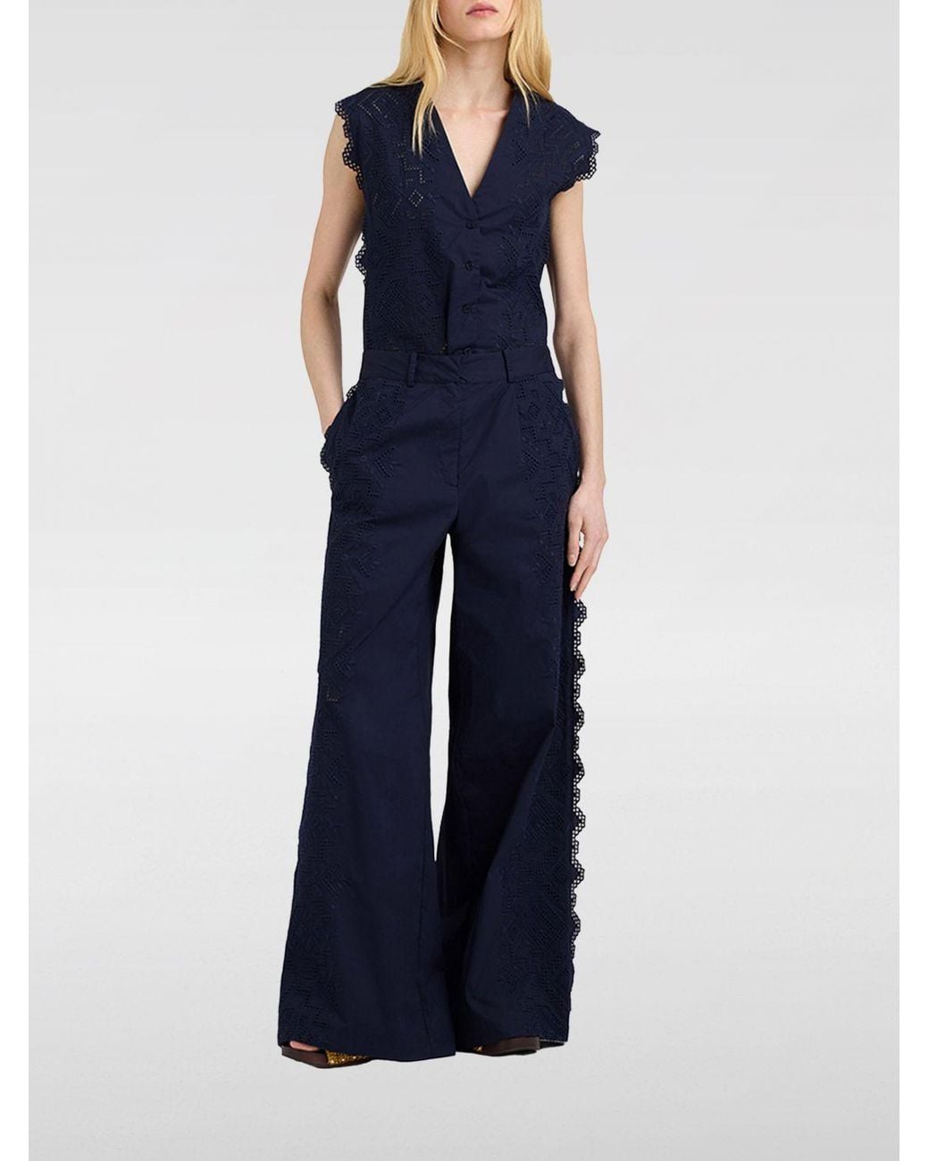 Momoní Blue MomonÌ High-Waisted Poplin Palazzo Trousers With Macramé Inserts