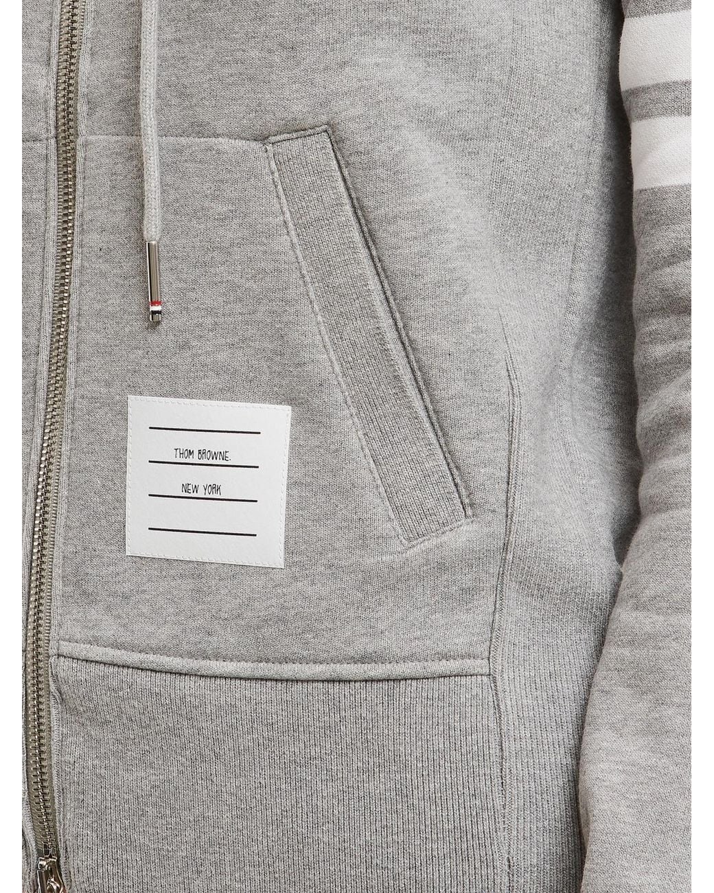 Thom Browne Gray 4-Bar Stripe Zipped Cotton Hoodie With Drawstring Hood