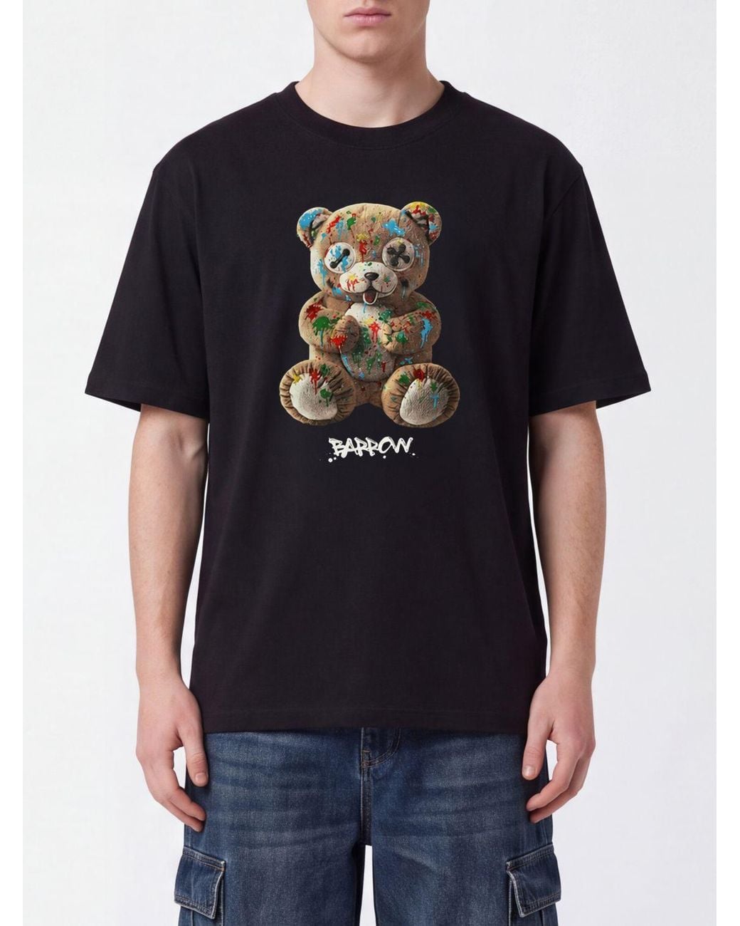 Barrow Black Cotton T-Shirt With Teddy Bear Print And Contrast Logo for men