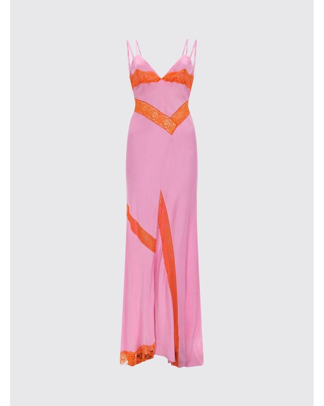 MSGM Pink Long Satin Slip Dress With Lace Inserts And Front Slit