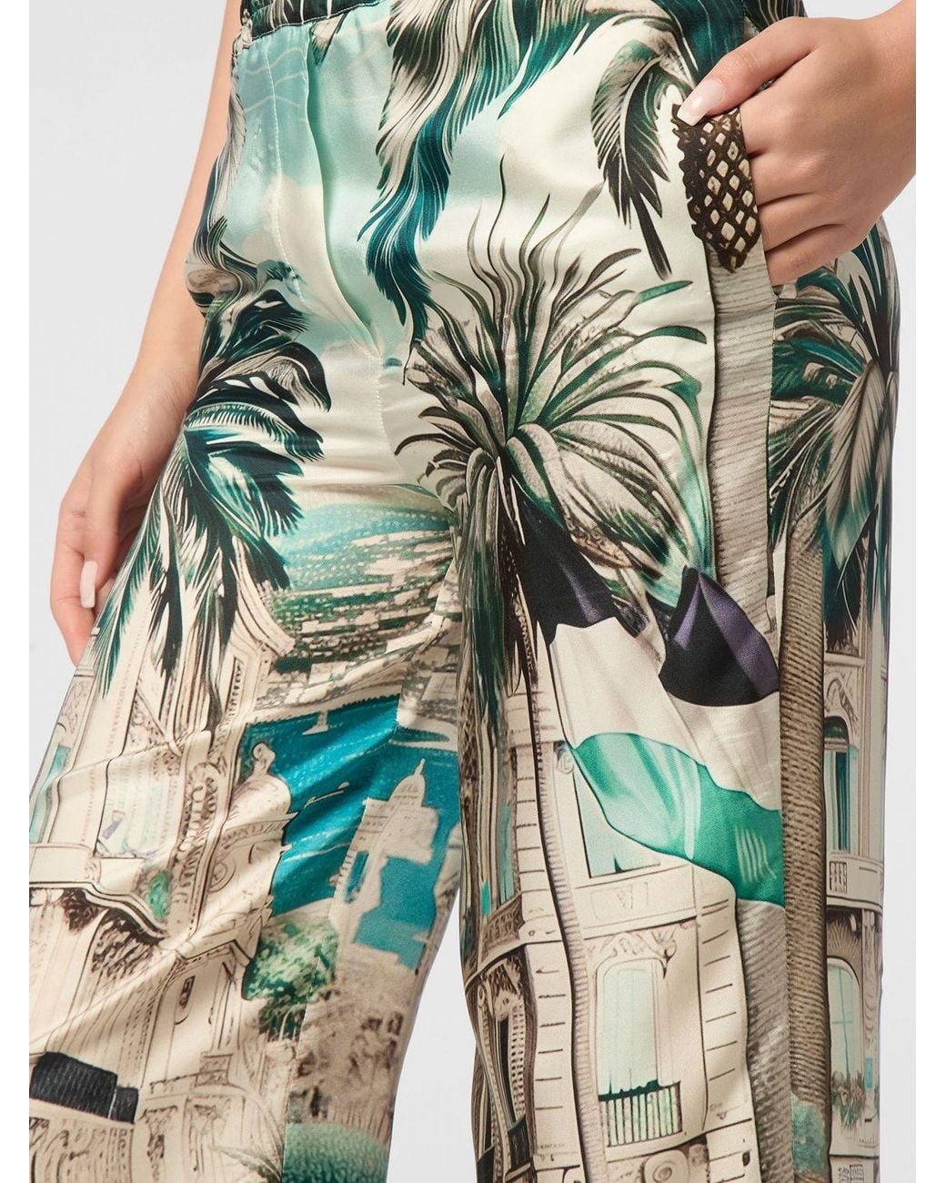 Philipp Plein Green Graphic Print Satin Palazzo Trousers With Drawstring Waist
