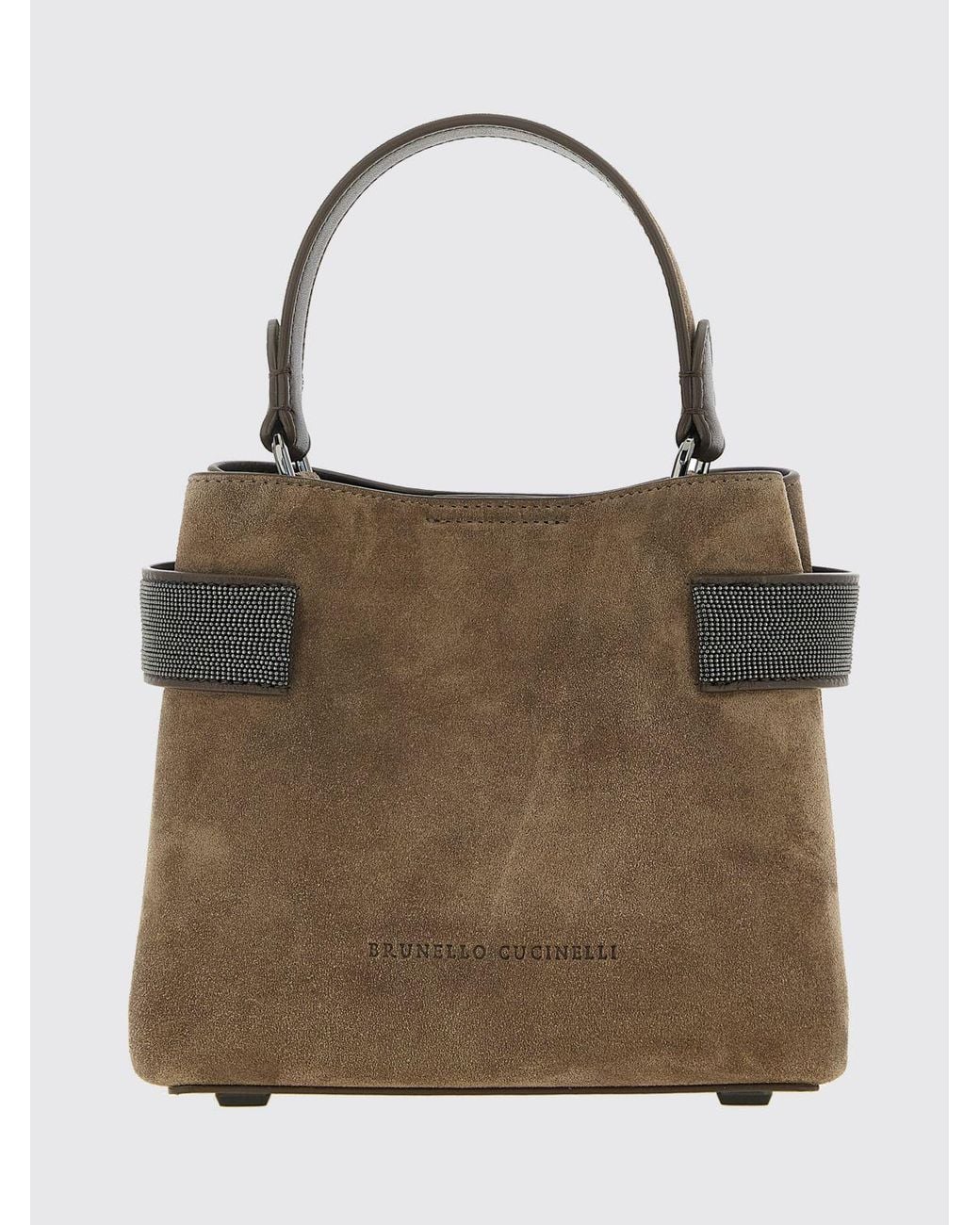 Brunello Cucinelli Natural Small Suede Handbag With Monili Embellishment