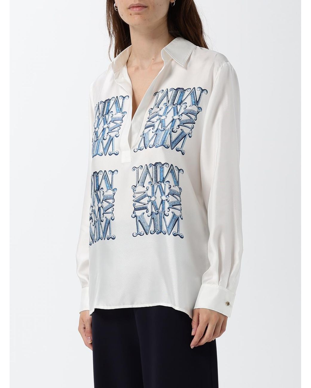 Max Mara Gray Monogram Print Silk Shirt With Classic Collar