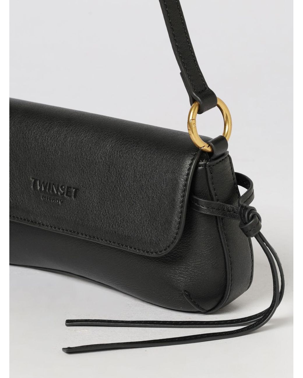 Twinset Black Calfskin Shoulder Bag With Tassels And Flap Closure