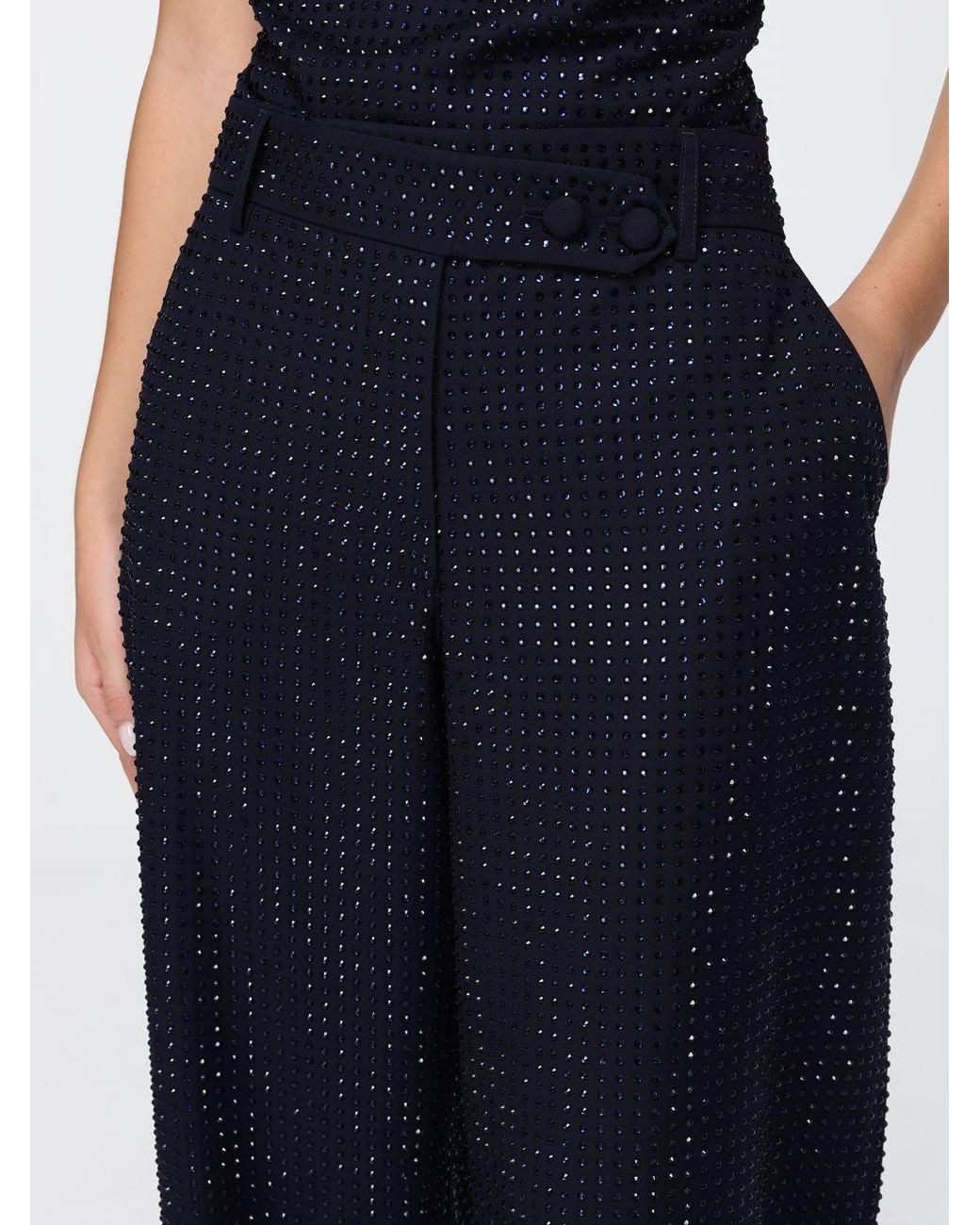 Pinko Blue High-Waisted Wide Leg Crêpe Trousers With Rhinestone Applications