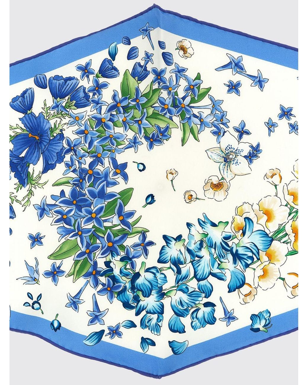 Ferragamo Blue Floral Print Diamond-Shaped Silk Foulard With Asymmetrical Hem