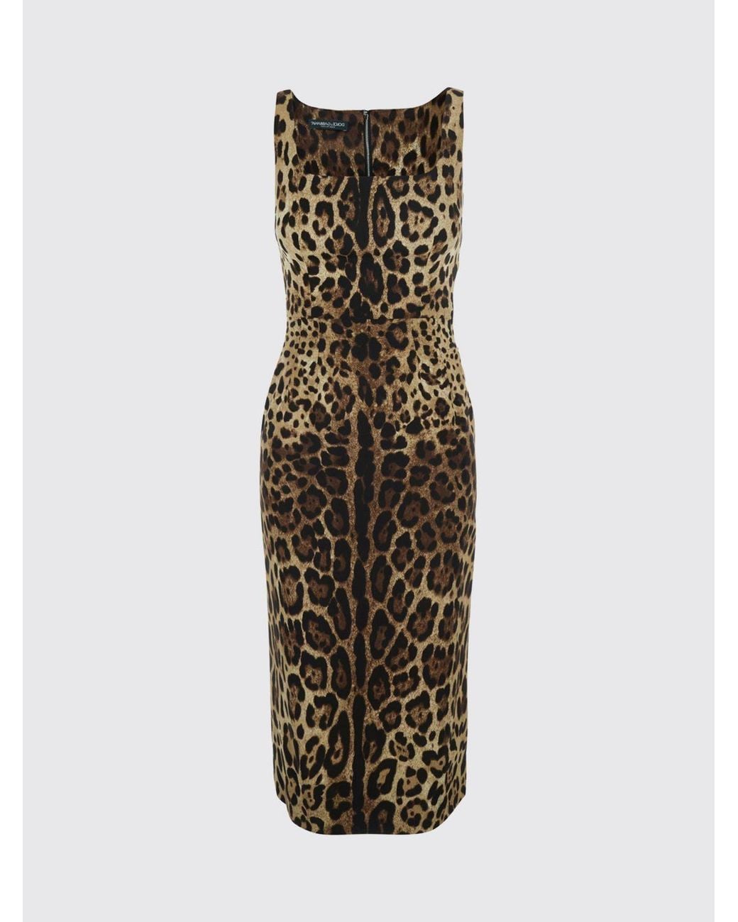 Dolce & Gabbana Natural Dolce &Amp Gabbana Animalier Print Silk Midi Sheath Dress With Square Neckline