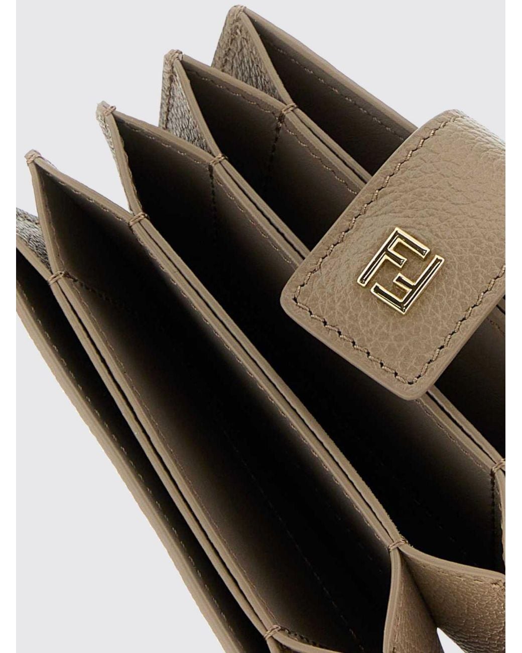 Fendi Natural Large Leather Wallet With Ff Monogram And Strap