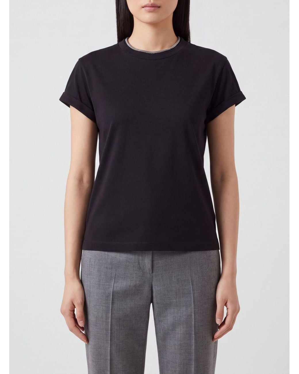 Brunello Cucinelli Black Stretch-Cotton Crew-Neck T-Shirt With Monili Embroidery