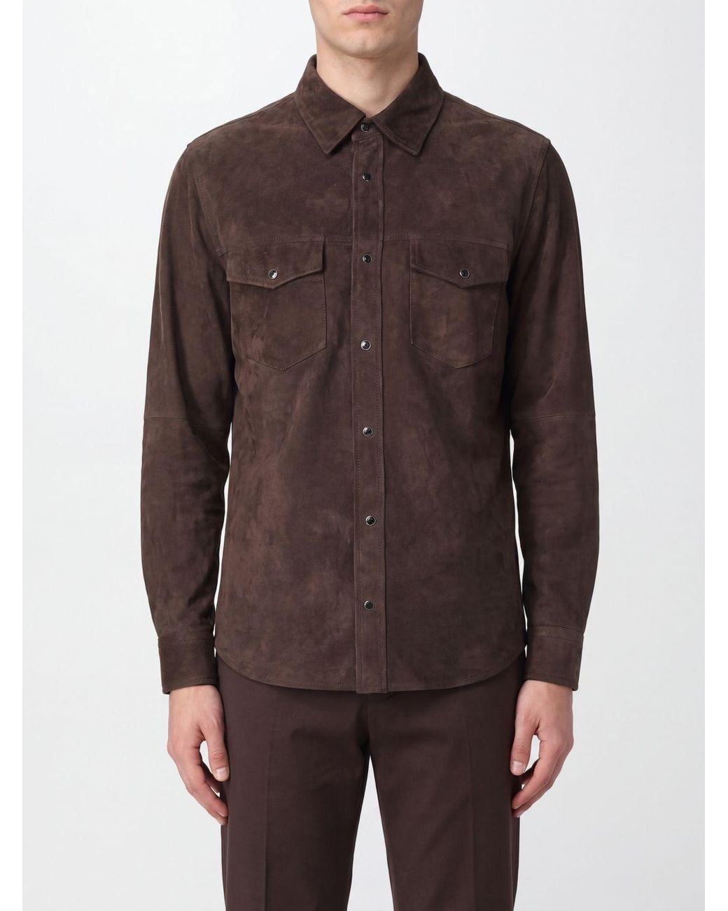 Jacob Cohen Brown Suede Leather Shirt Jacket With Patch Pockets for men