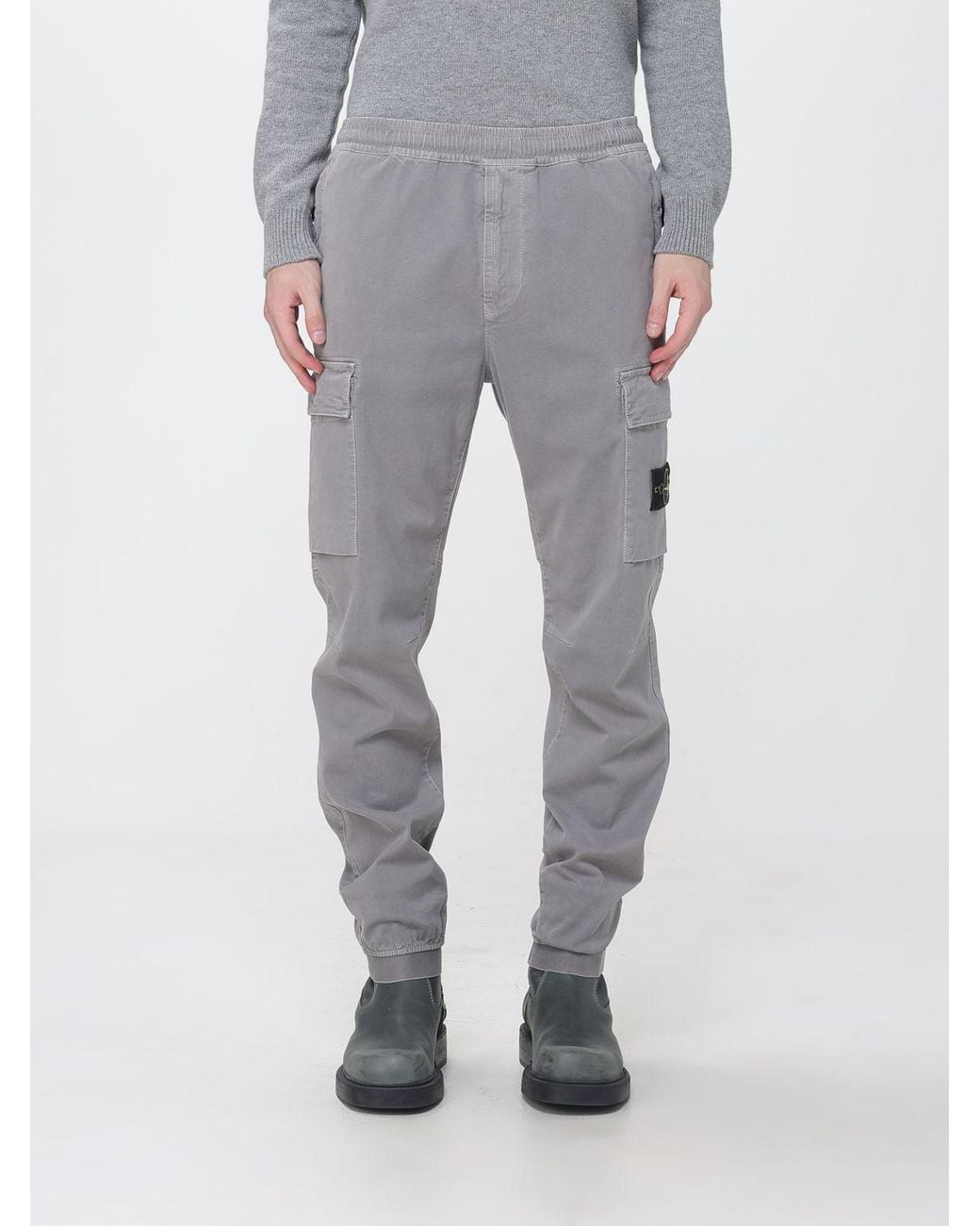Stone Island Gray Slim Fit Stretch Technical Fabric Cargo Trousers With Compass Logo for men
