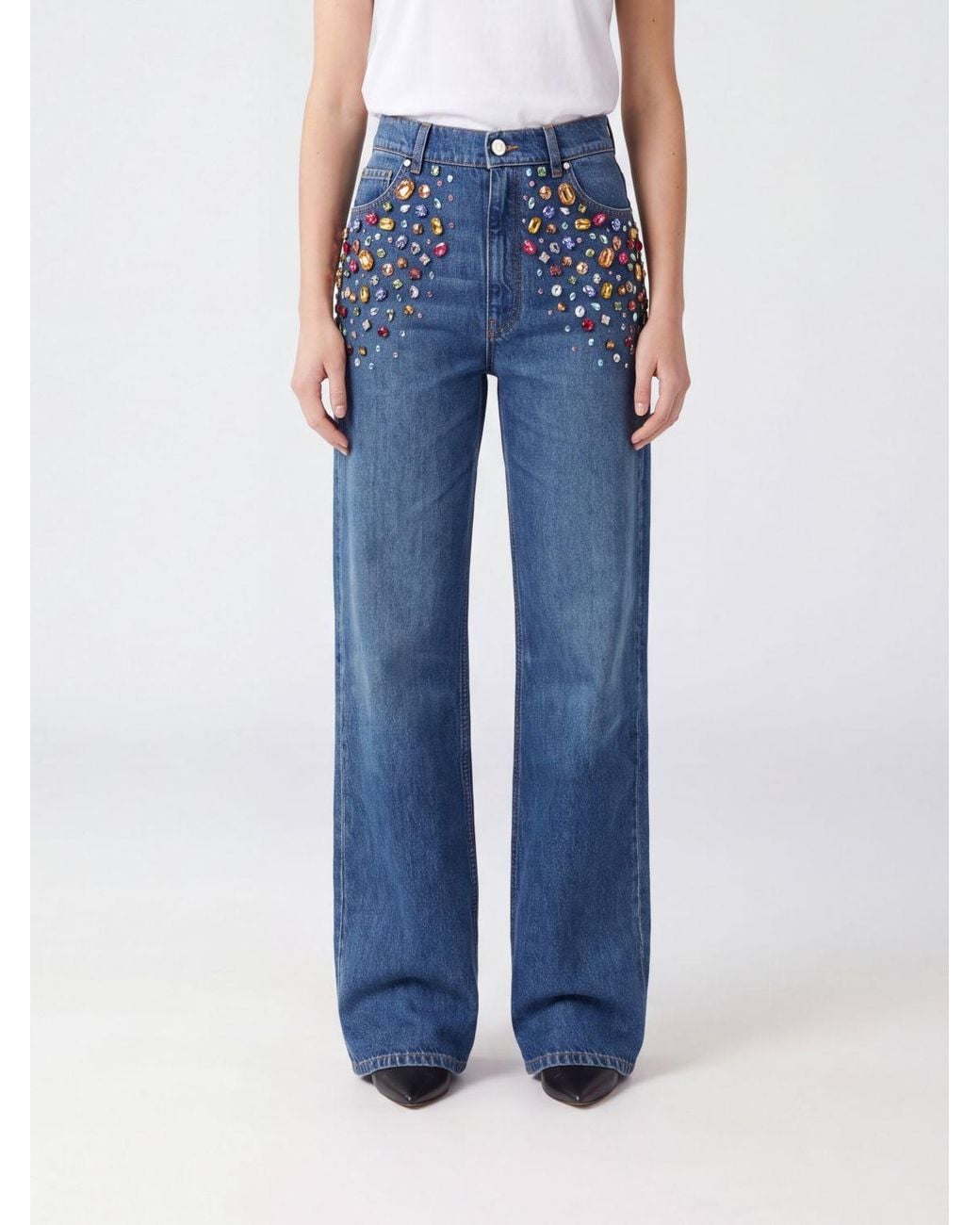 Stella McCartney Blue High-Waisted Wide-Leg Jeans With Rhinestone Application