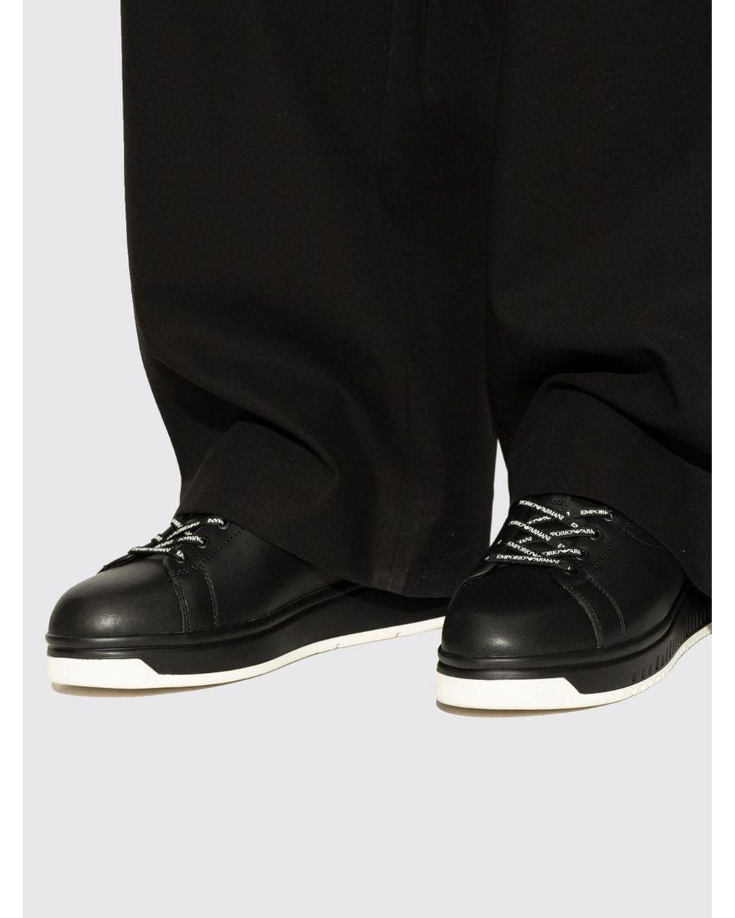 Emporio Armani Black Low Top Bovine Leather Sneakers With Applied Logo for men
