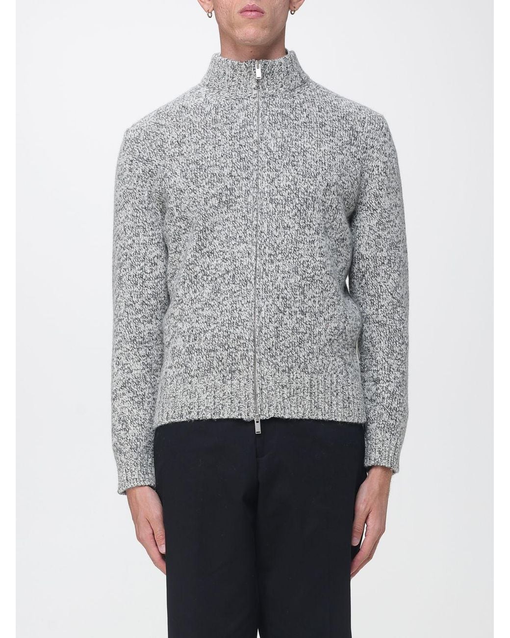 Lardini Gray Wool Cardigan With High Roll Neck Collar And Zip Closure for men