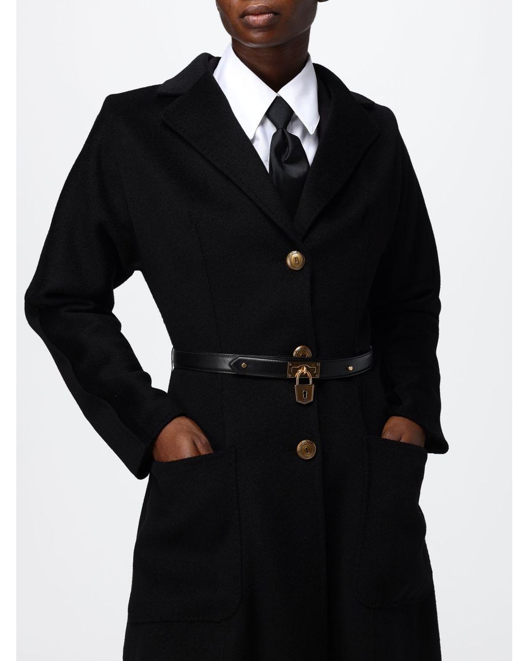 Elisabetta Franchi Black Single-Breasted Long Pure Wool Coat With Waist Belt
