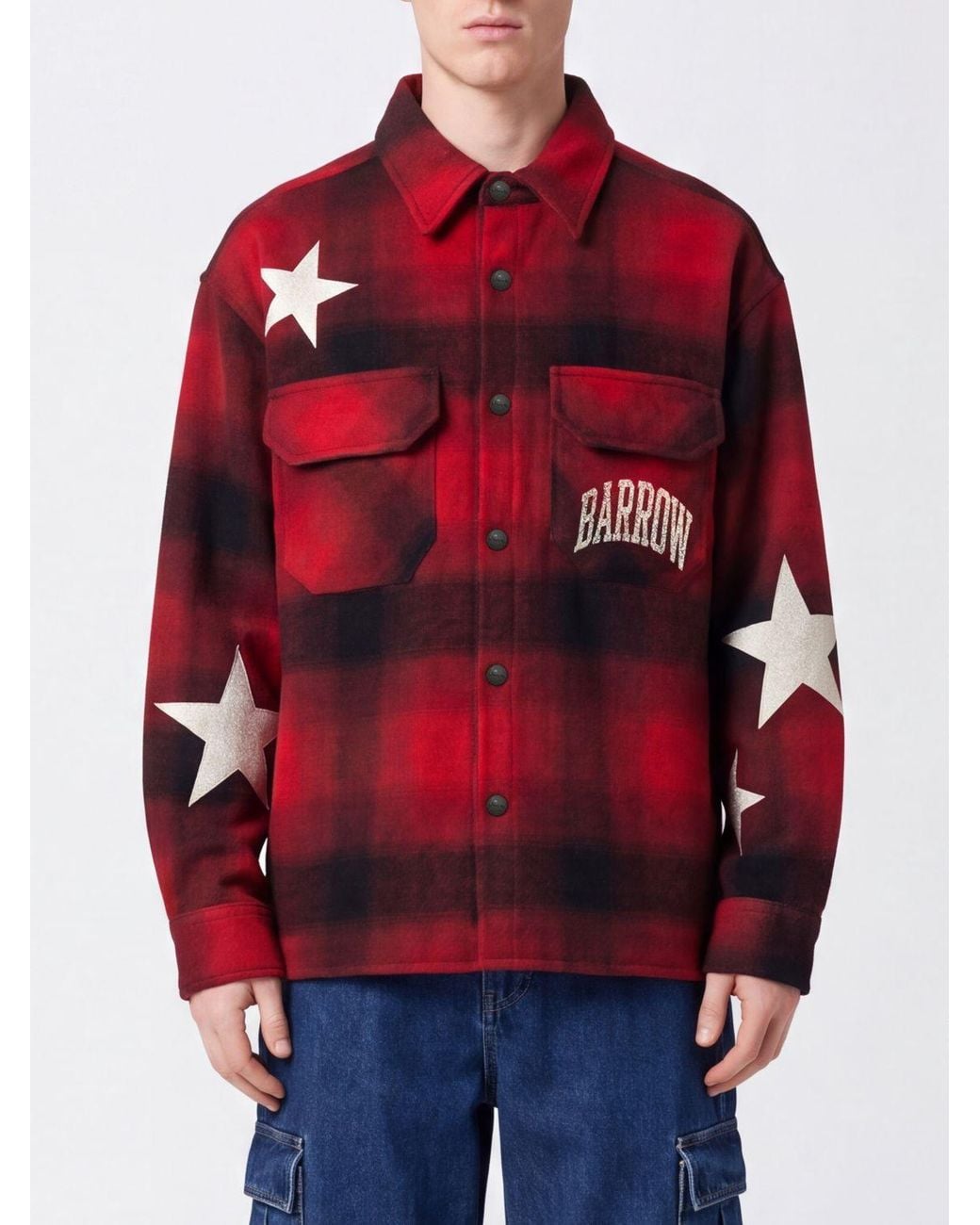 Barrow Red Check Wool Flannel Shirt Jacket With Logo Print for men