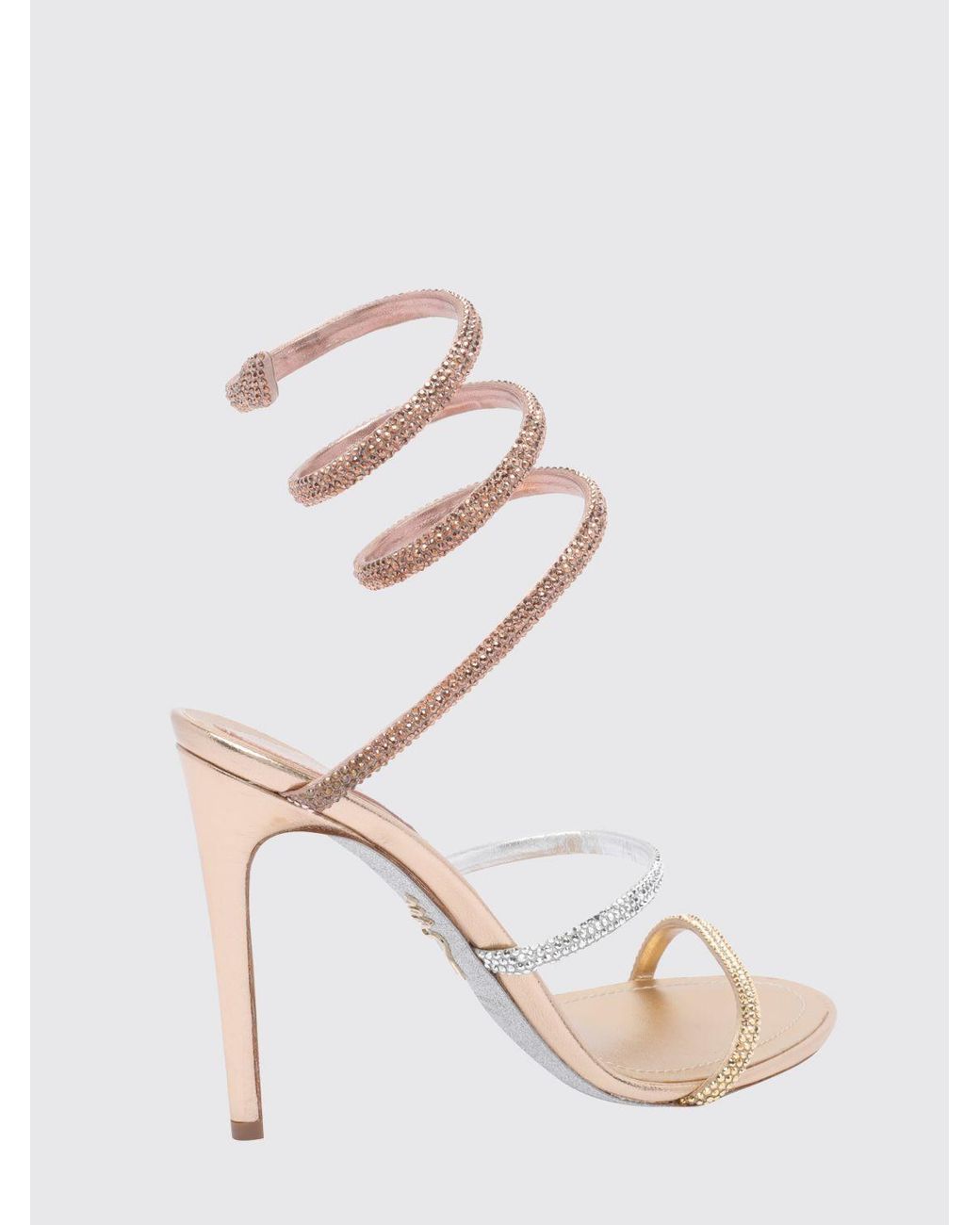 Rene Caovilla Natural Cleo Laminated Fabric Sandals With Rhinestones And Snake Strap