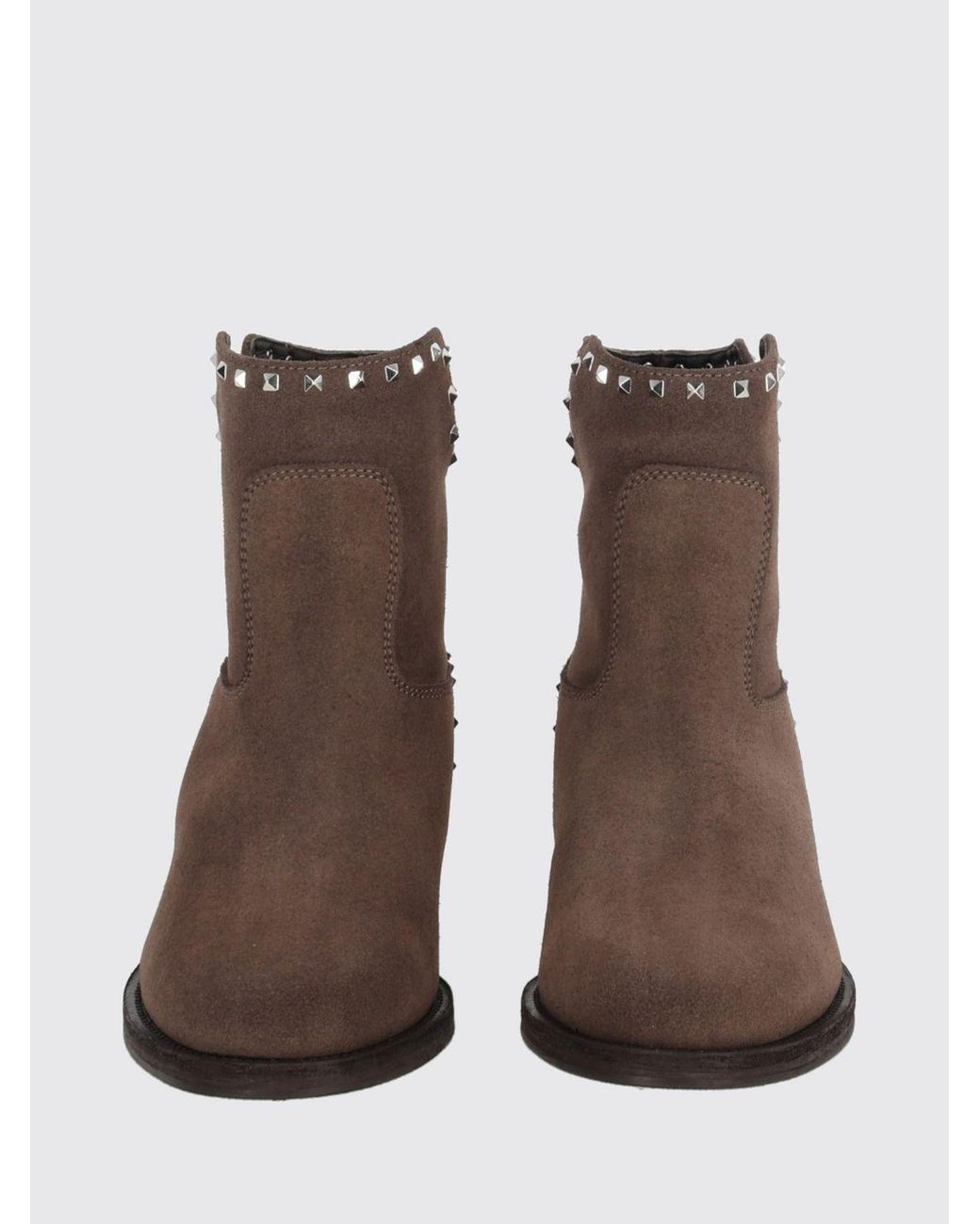 Via Roma 15 Brown Studded And Embroidered Leather Ankle Boots With Low Heel