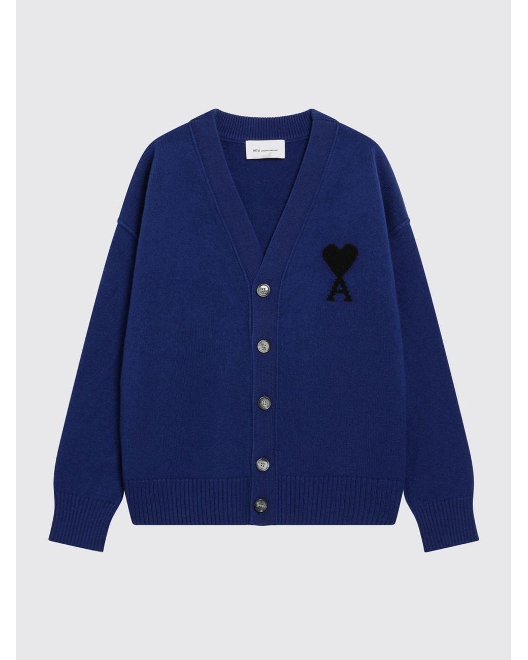 AMI Blue V-Neck Wool Cardigan With Contrast Logo for men