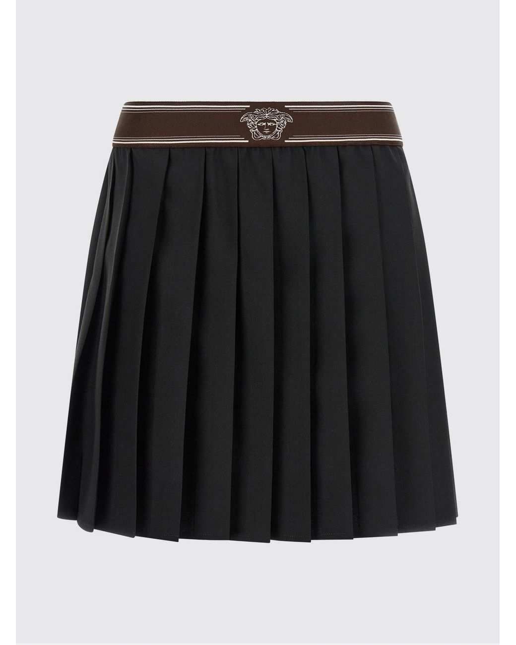 Versace Black Pleated Wool And Mohair Mini Skirt With High Logo Waistband