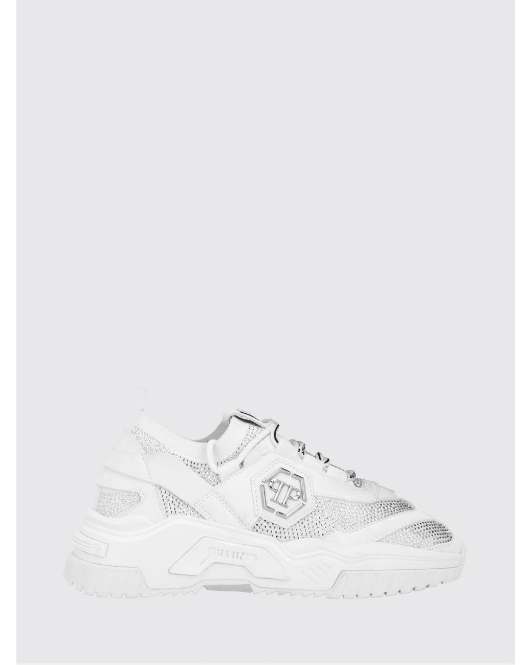 Philipp Plein White Low-Top Leather And Stretch Viscose Sneakers With Monogram And Rhinestones for men