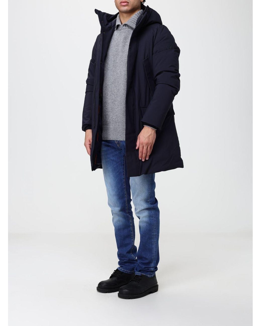 Save The Duck Blue Knee-Length Softshell Parka With Hood And High Neck for men