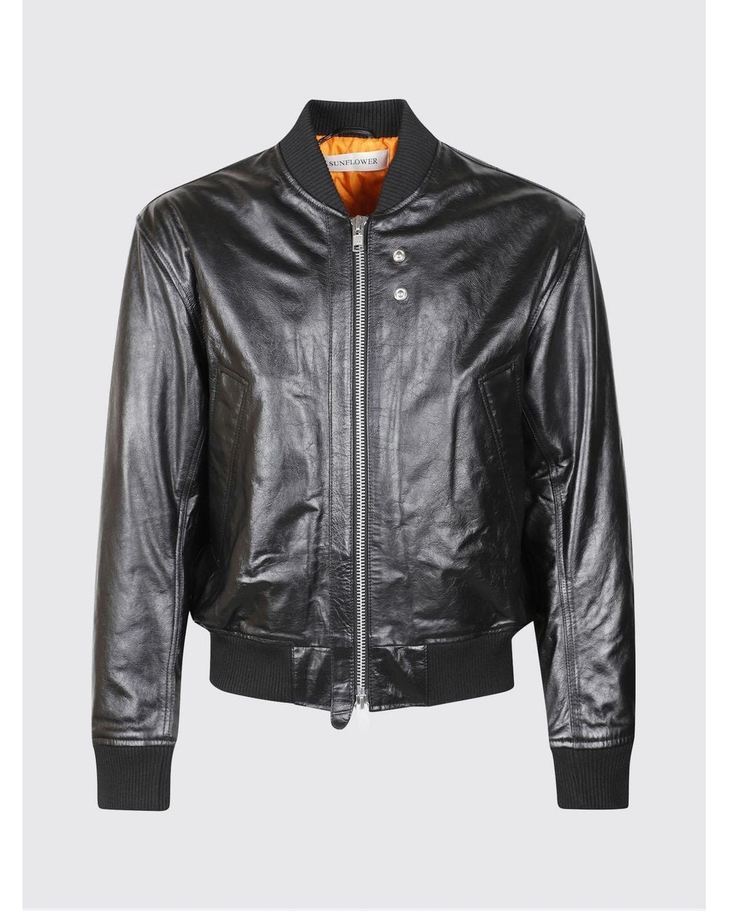 sunflower Black Leather Bomber Jacket With Zip Closure And Elasticated Hem for men